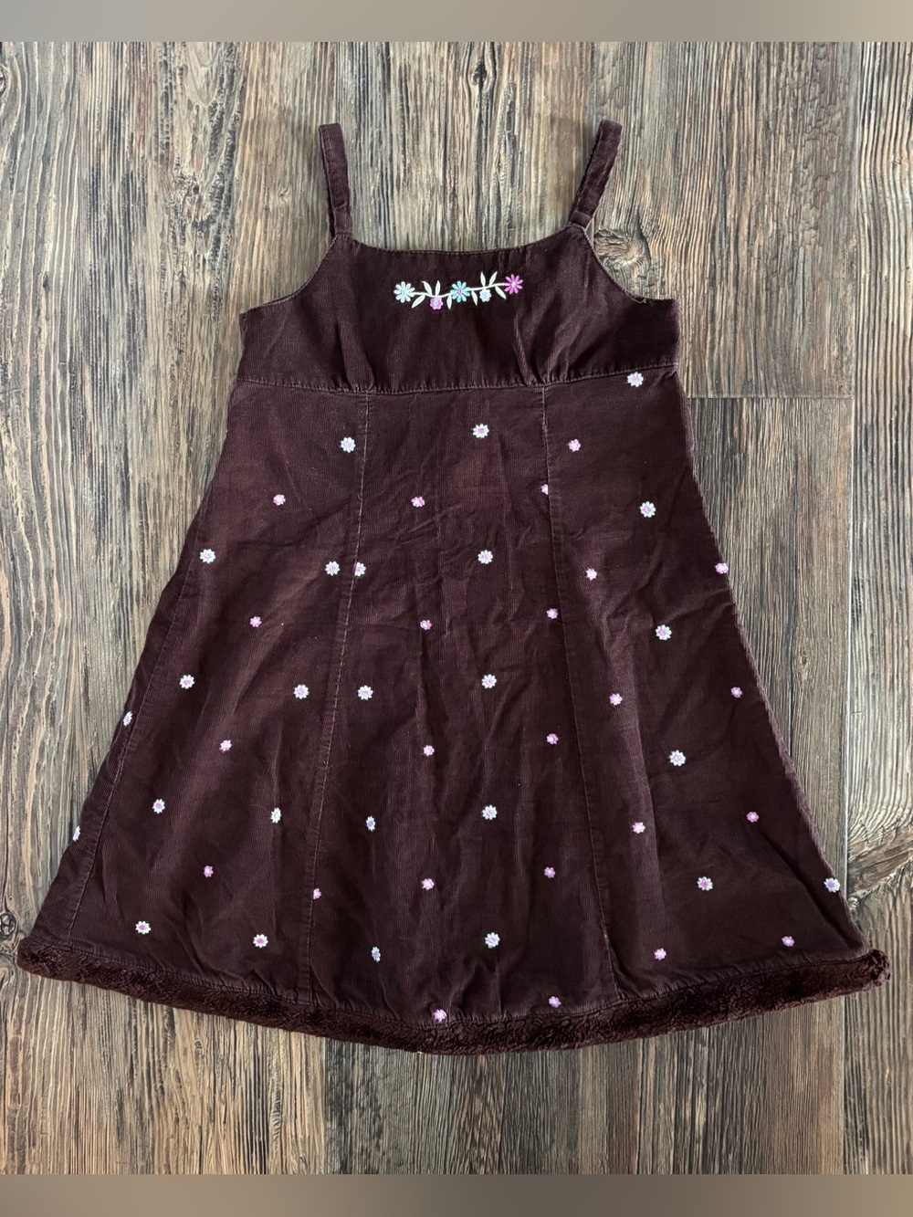 Brown Corduroy Sleeveless Jumper Dress Girls 6x Floral Embroidered Faux-Fur Trim